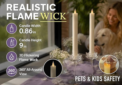Flameless Taper Candles Flickering with Remote and Timer, 3D Moving Flame Taper Candle Battery Operated to 400 Hours, 9 Inch Window Candles, (Ivory)