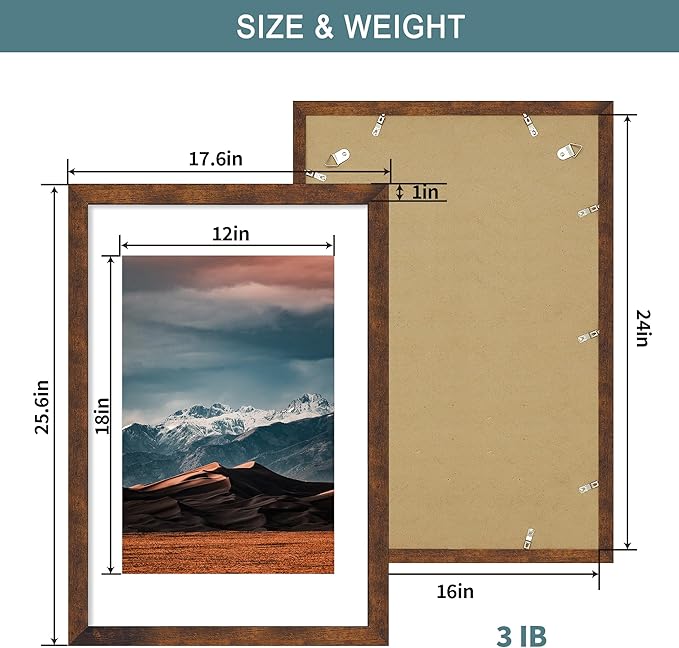 iRahmen 16x24 Poster Frame with 12x18 Mat - Plexiglass Wooden Picture Frames for Photo Wall Gallery Mounting (Dark Brown, Set of 2)