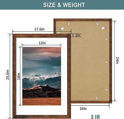iRahmen 16x24 Poster Frame with 12x18 Mat - Plexiglass Wooden Picture Frames for Photo Wall Gallery Mounting (Dark Brown, Set of 2)