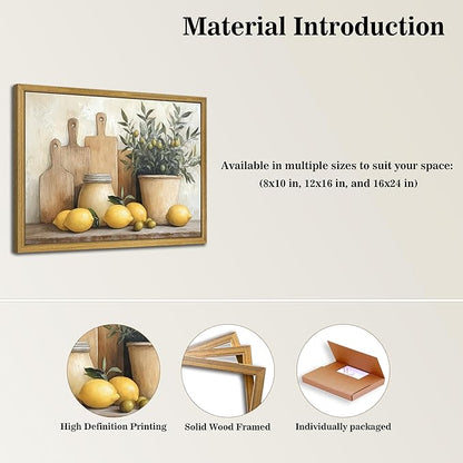 Wood Framed Vintage Kitchen Wall Art, Yellow Lemon Still Life Wall Decor Oil Paintings, Rustic Farmhouse Artwork Canvas Posters Prints Pictures for Living Room Bedroom Home Decor 8x10 Inch