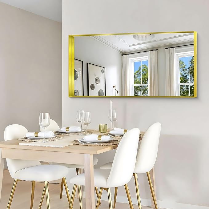 CIRCUMI Gold Bathroom Mirror, 24"x48" Rectangular Mirror with Deep Metal Frame, Brushed Finish, Tempered Glass, Mirror for Wall, Oversink, Bedroom, Installed Vertically/Horizontally, Crystal-Clear