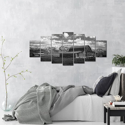 LevvArts XLarge 7 Pieces Barn Wall Art Black and White Moulton Barn Picture Prints Wyoming Landscape Artwork for Home Living Room Decor Framed 70" W x 32" H