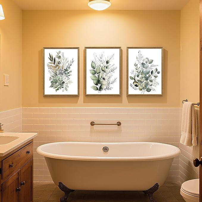 FYLDPSB 3 PCS Framed Watercolor Floral Canvas Wall Art, Boho Sage Green Wildflower Wall Decor, Modern Flowers and plants Painting Print for Bedroom Living Room Bathroom Decorations 24''L x 16''W