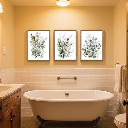 FYLDPSB 3 PCS Framed Watercolor Floral Canvas Wall Art, Boho Sage Green Wildflower Wall Decor, Modern Flowers and plants Painting Print for Bedroom Living Room Bathroom Decorations 24''L x 16''W