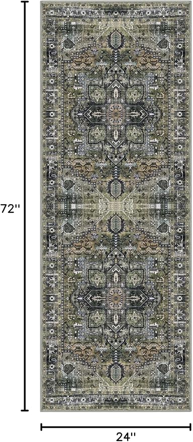 KOZYFLY Runners for Hallways 2x6 Ft Washable Kitchen Runner Rug Boho Runner Rug for Entryway Indoor Printed Oriental Faux Wool Floor Carpet Runner for Bedroom Kitchen Hall, Moss Green/Olive Grove