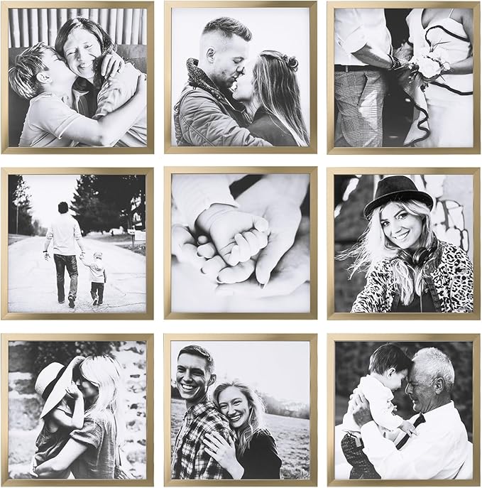 ArtbyHannah Photo Collage Frames for Wall, 8x8 Inch Square Picture Frame for Living Room or Staircase Decoration (Gold, 9 Pack)