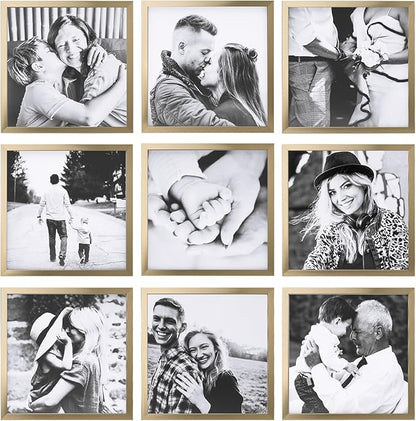 ArtbyHannah Photo Collage Frames for Wall, 8x8 Inch Square Picture Frame for Living Room or Staircase Decoration (Gold, 9 Pack)