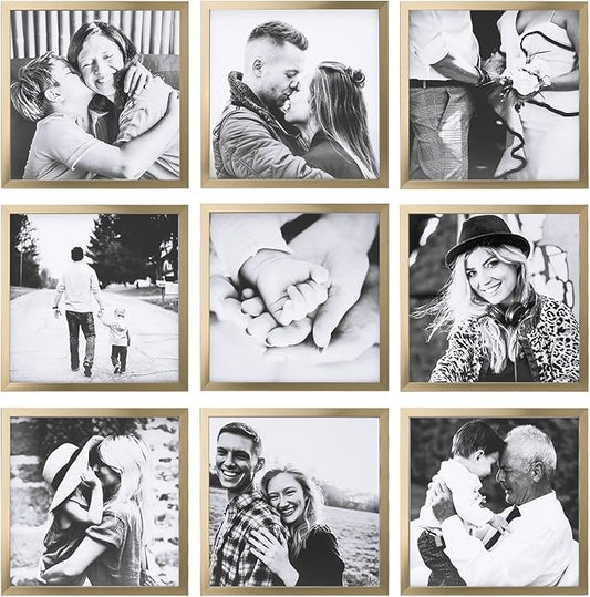 ArtbyHannah Photo Collage Frames for Wall, 8x8 Inch Square Picture Frame for Living Room or Staircase Decoration (Gold, 9 Pack)