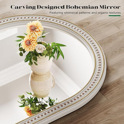 Boho Mirror for Wall, 36" x 30" Farmhouse Arched Rustic Wooden Frame Mirror with Beaded, Arch Decorative Wall Mirrors for Bathroom, Vanity, Living Room, Entryway