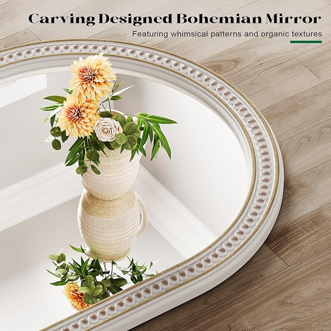 Boho Mirror for Wall, 22" x 30" Farmhouse Arched Rustic Wooden Frame Mirror with Beaded, Arch Decorative Wall Mirrors for Bathroom, Vanity, Living Room, Entryway