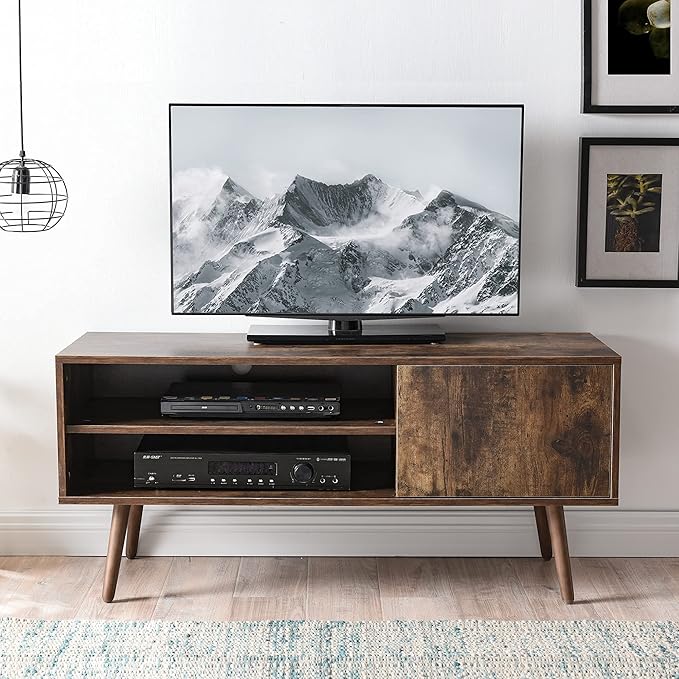 Cozy Castle TV Stand for 48-55 Inch TV, Mid Century Modern Entertainment Center with Storage Cabinet, TV Media Console with Charging Station for Living Room (Brown, 43.3" W x 15.7" D x 19.5" H)