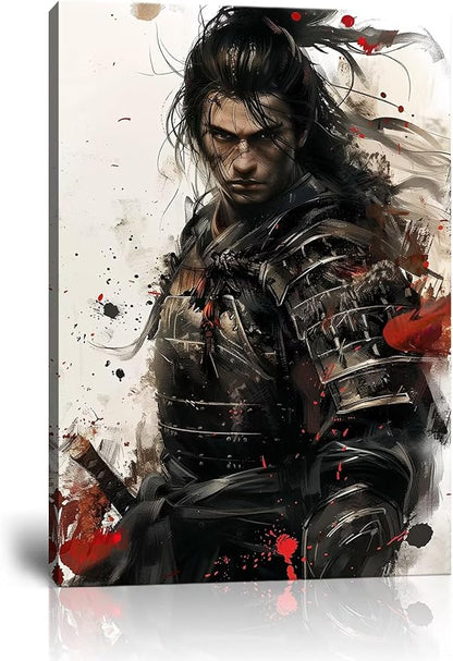 Samurai Canvas Wall Art Japanese Samurai Painting Prints Warrior Katana Picture Bushido Artwork for Bedroom Living Room Office Home Decoration Framed Ready to Hang (18''W x 24''H)