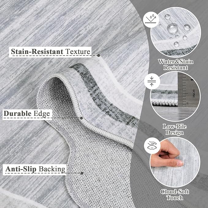 GarveeHome Washable Runner Rug 2x6 Kitchen Hallway Scalloped Rugs Non Skid Stain-Resistant Washable Modern Solid Soft Scalloped Entryway Carpet Runner for Bathroom Laundry Room Bedside(Grey, 2x6)