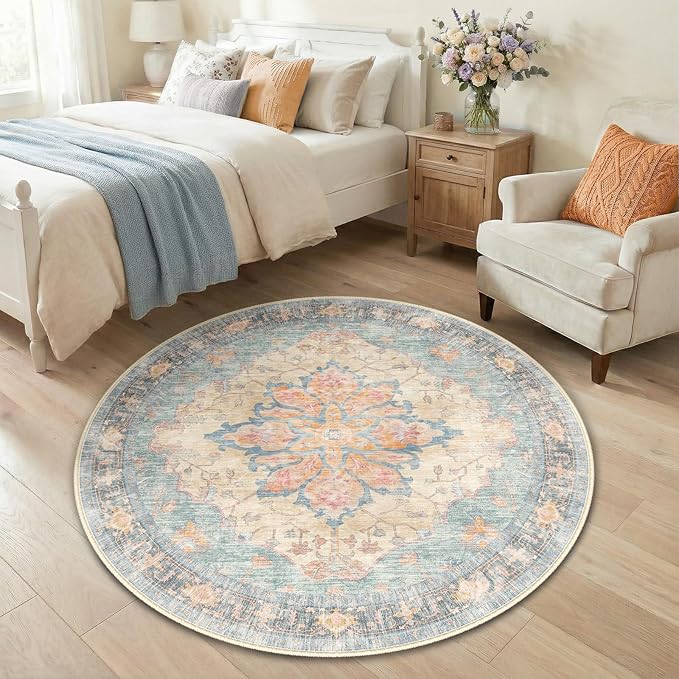 RELEANY Area Rugs Round 4ft Washable Non-Slip, Floral Vintage Distress Print Pattern Medallion Carpet for Living Room Bedroom Dining Room, Blue Orange Red