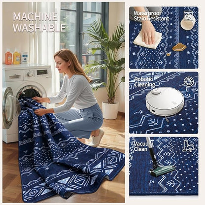 SERISSA Hallway Runner Rug, 2x10 Washable Non-Slip Blue and White Boho Rug, Soft Low-Pile Geometric Indoor Long Carpet for Kitchen Laundry Room Bathroom Bedroom Entryway Stair
