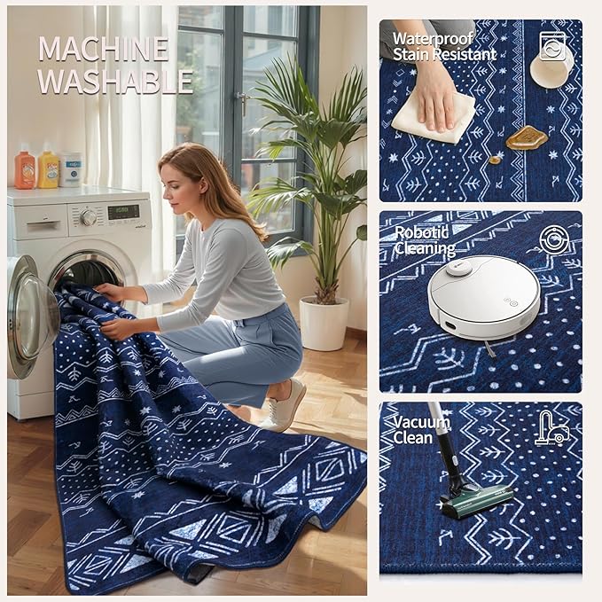 SERISSA 9x12 Area Rugs for Living Room, Washable Non-Slip Blue and White Boho Rug, Soft Low-Pile Geometric Indoor Large Carpet for Dining Room Bedroom Home Office Playroom