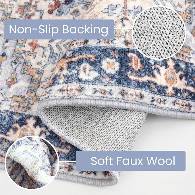 KOZYFLY Small Area Rug 2x3 Ft Rugs for Entryway Washable Boho Entry Rug Non Slip Door Mat Indoor Entrance Faux Wool Vintage Printed Kitchen Rug Throw Rugs for Entrance Kitchen, Blue Gray/Cream