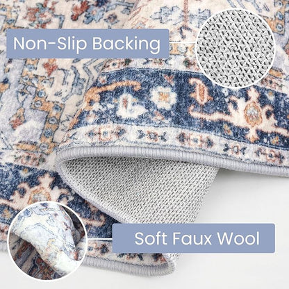 KOZYFLY Runners for Hallways 2x6 Ft Washable Kitchen Runner Rug Boho Runner Rug for Entryway Indoor Printed Oriental Faux Wool Floor Carpet Runner for Bedroom Kitchen Hall, Blue Gray/Cream