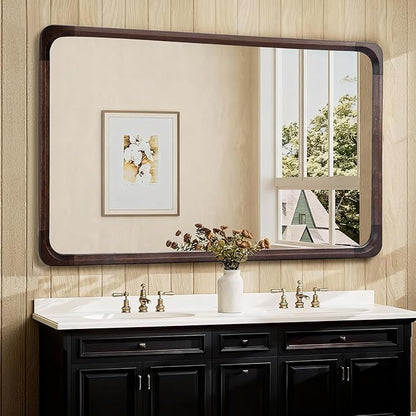 Tanmicoshomy Wood Bathroom Mirror 30 x 48 Inch, Solid Wood Framed Large Rectangle Mirrors with Tempered Glass for Living Room Bedroom Office or Entryway(Dark Brown)