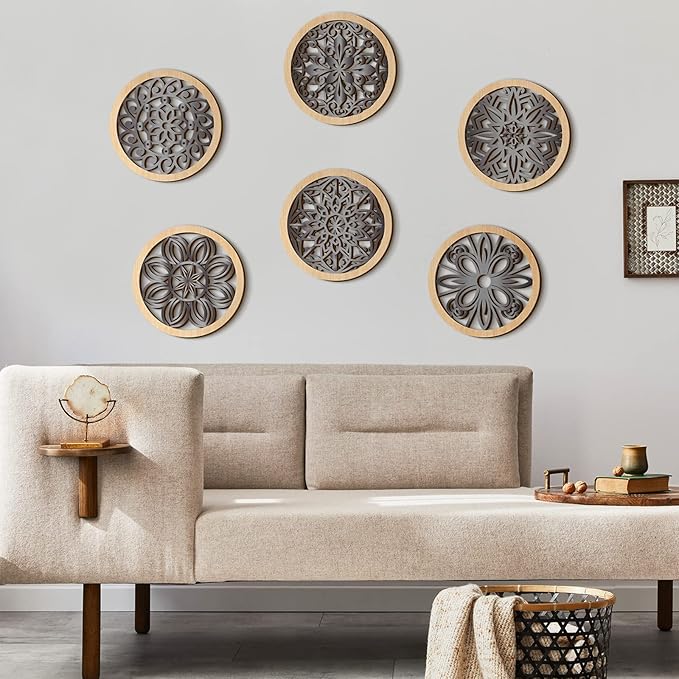 Ferraycle 6 Pieces Thicken Rustic Wall Decor Farmhouse Wall Art Wooden Round Art Hanging Decoration Hollow Carved for Living Room Bedroom Kitchen Office Apartment Hallway(Wood Color)