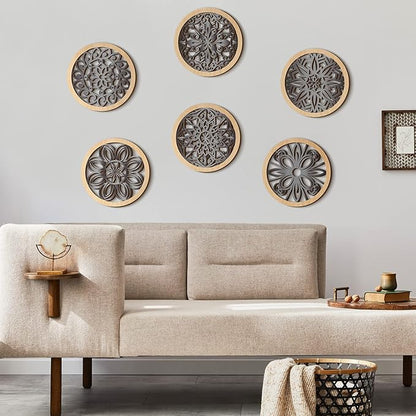 Ferraycle 6 Pieces Thicken Rustic Wall Decor Farmhouse Wall Art Wooden Round Art Hanging Decoration Hollow Carved for Living Room Bedroom Kitchen Office Apartment Hallway(Wood Color)