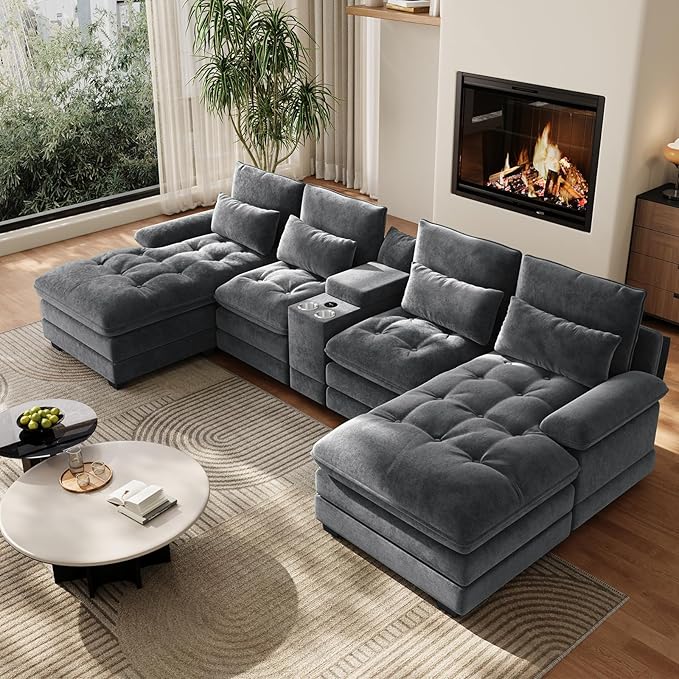 134" U Shaped Sectional Couches for Living Room,Modern Chenille 6 Seat Living Room Sofa Set with Storage Console,Oversized Modular Sectional Fluffy Couch with Tufted Buttons & Chaise Lounge,Grey