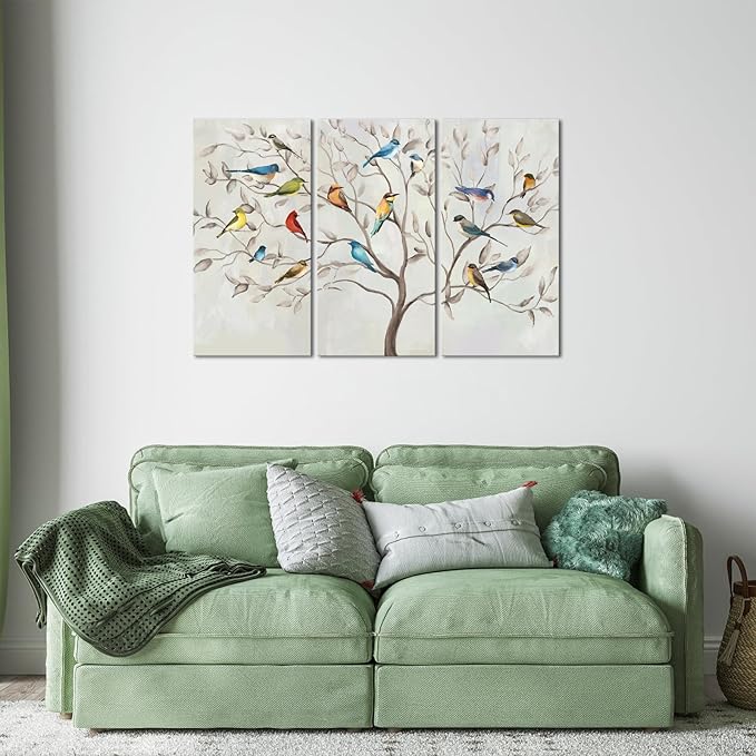 KREATIVE ARTS Large 3 Panel Canvas Prints Wall Art Birds on The Tree Branches Contemporary Painting Retro Style Picture Arts for Home Decoration Stretched Gallery Canvas Wrap Each 16x32Inches