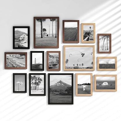 Venusmiles 15 Pack Picture Frames Collage Wall Decor, Gallery Frame Set for Wall Mounting or Tabletop Display, Multi Sizes Including 3pcs 8x10, 6pcs 5x7, 6pcs 4x6, Black+Oak+Walnut