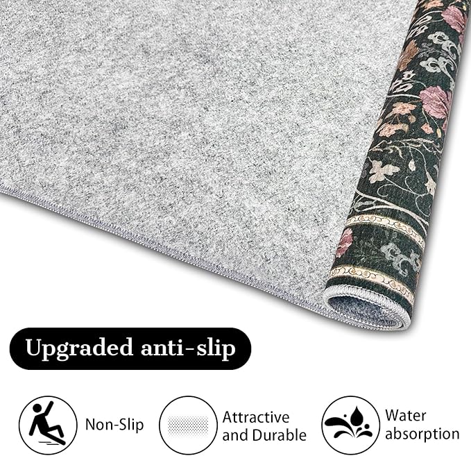 Entryway Rug 2x3 Washable Vintage Floral Rug Non Slip Low Pile Small Rugs, Floral Front Door Rugs for Entrance Kitchen Bedroom Laundry Bathroom Dark Grey