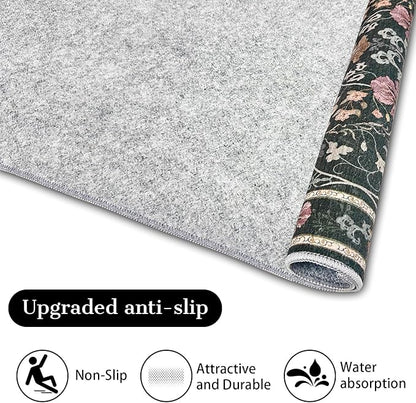 Entryway Rug 2x3 Washable Vintage Floral Rug Non Slip Low Pile Small Rugs, Floral Front Door Rugs for Entrance Kitchen Bedroom Laundry Bathroom Dark Grey