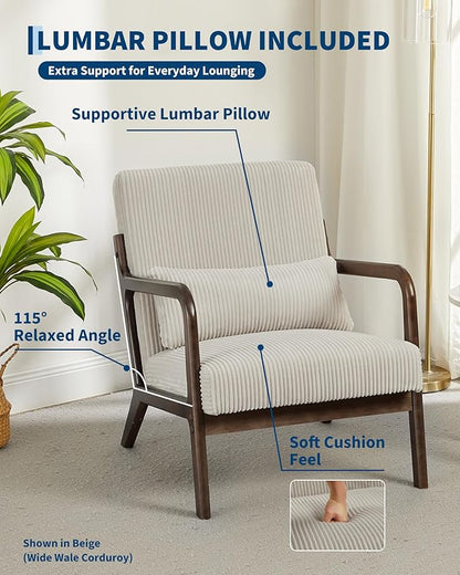Garvee Mid-Century Modern Accent Chair, Wide-Wale Corduroy Upholstery, Solid Wood Armchair with Removable Lumbar Pillow, Sturdy Reading Chair for Living Room, Bedroom, Guest Room, Easy Assembly, Beige