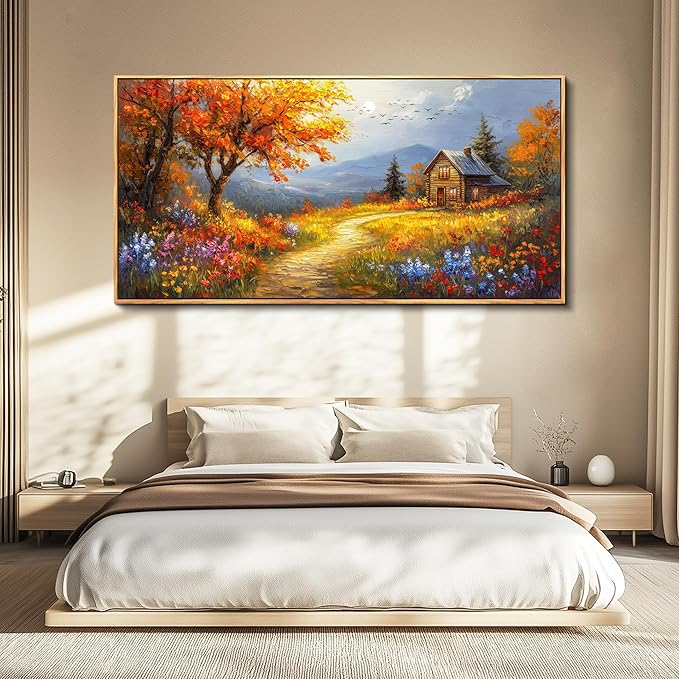 FUHAIHUA Wood Framed Canvas Wall Art For Living Room Wall Decor For Bedroom Office Wall Decoration Reddish Orange Tree Paintings Farmhouse Pictures Artwork Room Aesthetic Home Decor 20x40 In