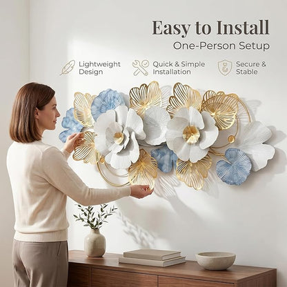 Axioglo Large Metal Wall Art Decor, 3D Modern Abstract Floral Pattern Design, Handcrafted Metal Wall Sculpture for Living Room, Bedroom & Entryway（51"）