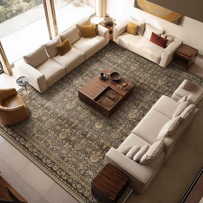 Washable 10x14 Area Rugs for Living Room, Boho Non-Slip Vintage Distress Large Rugs for Bedroom Dining Room Office, 0.3" Neutral Oriental Throw Thin Carpet, Red/Brown/Multi, C4