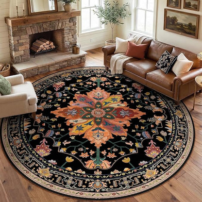 RELEANY Area Rugs Round 8ft Washable Non-Slip, Floral Vintage Distress Print Pattern Medallion Carpet for Living Room Bedroom Dining Room, Black Colorful Floral Dark Tan
