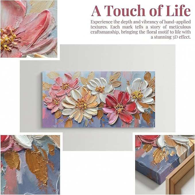Enartly Flowers Canvas Wall Art for Living Room, Hand-painted Textured Floral Artwork, Modern Aesthetic Colorful Flowers Paintings Pictures, for Home Bedroom Garden Farmhouse Decor, 40"x20"