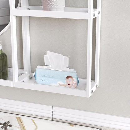 White Metal Framed Bathroom Mirror with Shelf, 31" X 24.4" Rectangular Wall Mounted Bathroom Vanity Mirror, Modern Bathroom Mirror with Storage for Over Sink, Entryway