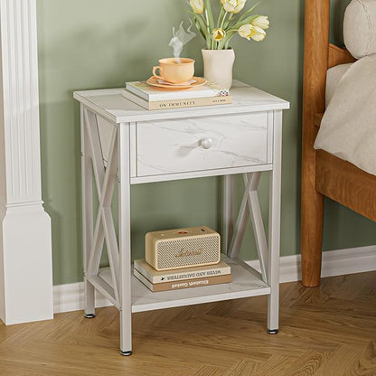 VECELO Nightstand,Modern Bedside End Table, Night Stand with Drawer and Storage Shelf for Living Room Bedroom, Industrial Metal Frame