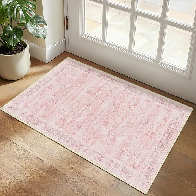 Small Pink Rug 2x3, Aesthetic Area Rug for Girls Bedroom Bedside Vanity, Cute Rug for Nursery Kids Room Dorm Washable Non Slip, Low Pile Thin Indoor Door Mats for Entryway Entrance Kitchen