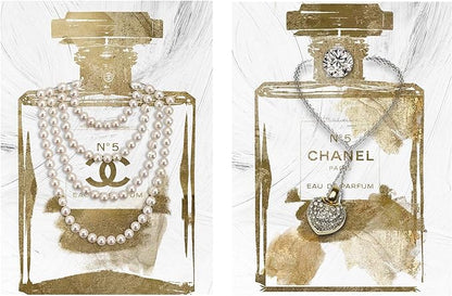2 pieces Vintage Perfume Bottle Canvas Wall Art Modern Luxury Posters Print Fashion Glam Poster Picture for Bedroom Make up Room Home Decor 24"x36"