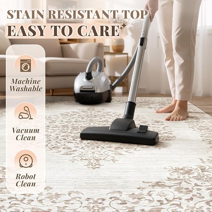 Area Rug 9x12 Vintage Rug: Large Washable Indoor Medallion Rugs Low Pile Distressed Floor Carpet Retro Accent Rug for Living Room Bedroom Kitchen Dining Table Home Office(Vintage Beige, 9'x12')