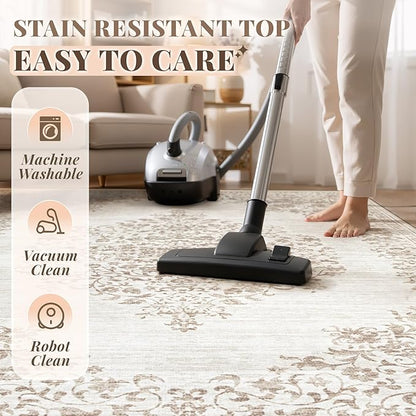 Area Rug 5x7 Vintage Rug: Washable Indoor Medallion Rugs Low Pile Distressed Floor Carpet Retro Accent Rug for Living Room Bedroom Kitchen Dining Table Home Office(Vintage Beige, 5'x7')