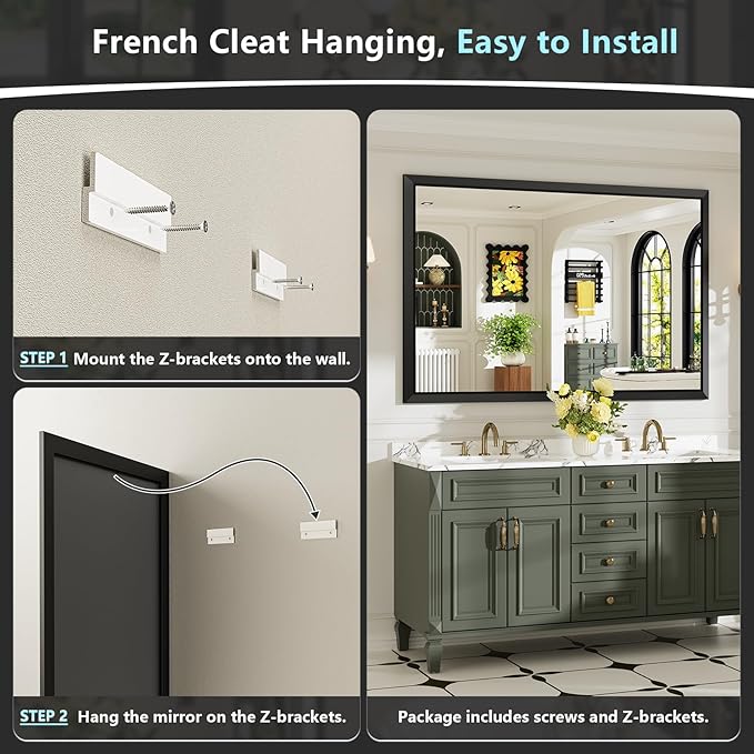 60x40 Inch Black Bathroom Mirror for Wall, Beveled Framed Rectangle Bathroom Vanity Mirrors for Over Sink, Bedroom, Living Room, Entryway, Anti-Rust, HD Tempered Glass, Horizontally/Vertically