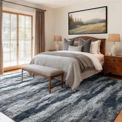 9x12 Ft Extra Large Shag Rugs for Living Room, Tie Dyed Ultra Soft Fluffy Furry Area Rugs for Bedroom Indoor Floor, Aesthetic Carpet for Kids Home Decor (Blue)