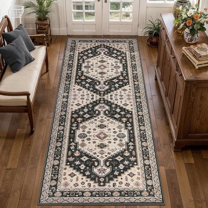 Tangsoo 2x6 Washable Runner Rug for Hallways,Vintage Non-Slip Rug Runner Carpet Black and Gold Soft Foldable Runner Mat for Laundry Room Kitchen Bedroom Entryway