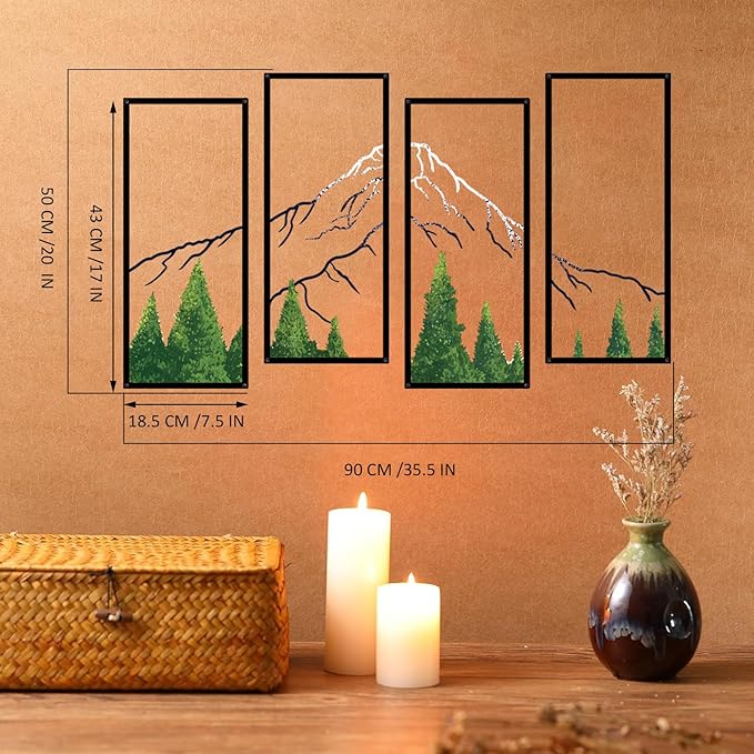 ruelen 4 Pcs Metal Mountain Forest Snow Mountain Wall Decorations，Abstract Minimalist Line Drawing Colorful Mountains Wall Art Home Decor for Living Room Bathroom Bedroom Office（Green，Small）