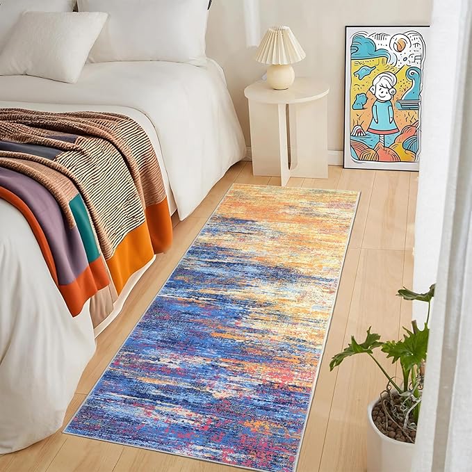 ROYHOME Washable Runner Rug 2x6 Modern Abstract Kitchen Rugs, Non Slip Bathroom Rug, Low Pile Laundry Room Soft Long Carpet for Hallway Bedroom Entryway, Blue/Orange