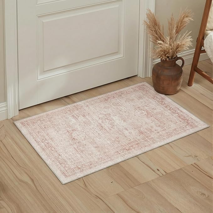 GENIMO 6x9 Area Rugs for Living Room, Machine Washable Non Slip Vintage Rugs, Low Pile Lightweight Chenille Print Rug for Bedroom, Dining Room, Home Office, Pink