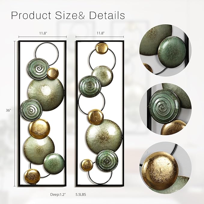 LuxenHome 2 Pieces Metal Wall Art, 36" x 12" Multi-Color Circles Abstract Rectangular Metal Wall Decor, Minimalist Wall Décor for Home, Living Room, Bedroom, Dining Room