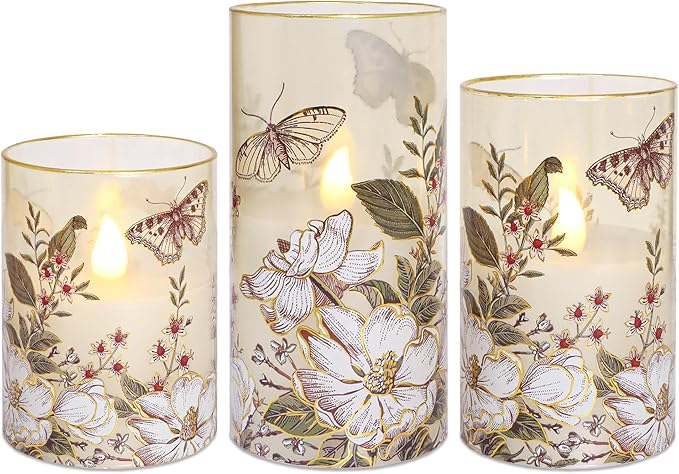 MELTONE Flameless LED Candles Botanical Butterfly Design with Remote Control & Timer Function & Dimmable, Battery Operated Glass Candles for Home Party Wedding Christmas Spring Decor, Set of 3